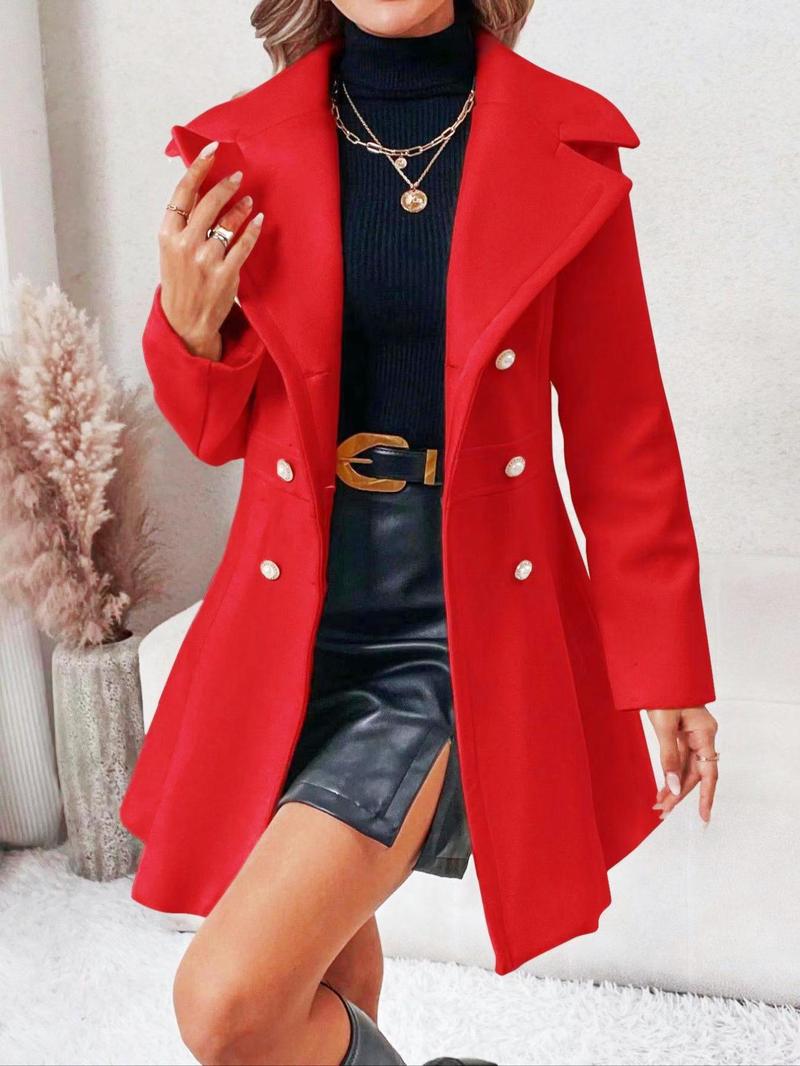 Product Introduction of Women's Solid Double Button Pocket Regular Sleeve Overcoat, Winter Wear, Casual Long Sleeve Lapel Neck Outerwear for Fall & Winter, Trendy Fall Wear 2024, Women's Party Clothes for Daily Wear， Woolen Material 5