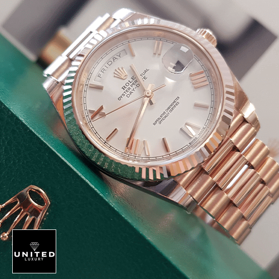 Rolex Day-Date 228235 White Dial Romen Numerial Replica on the Rolex Box