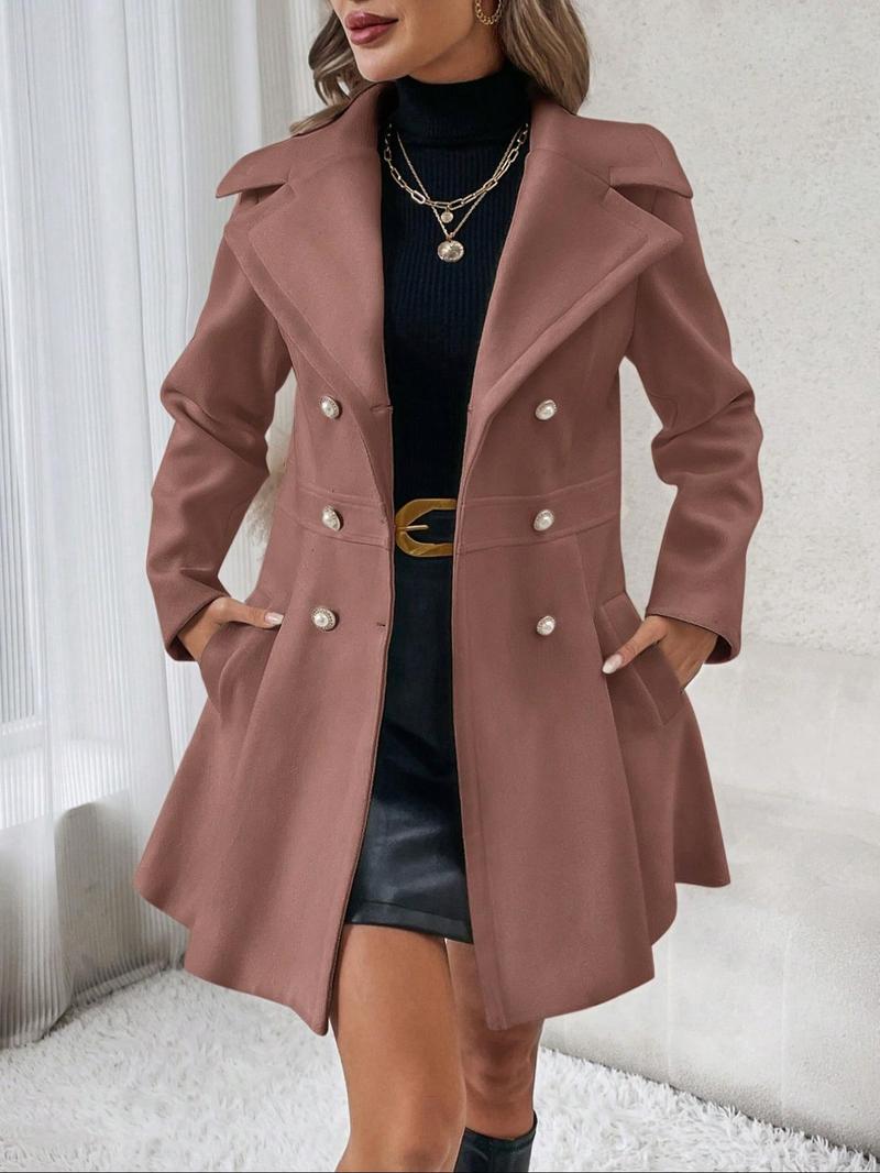 Product Introduction of Women's Solid Double Button Pocket Regular Sleeve Overcoat, Winter Wear, Casual Long Sleeve Lapel Neck Outerwear for Fall & Winter, Trendy Fall Wear 2024, Women's Party Clothes for Daily Wear， Woolen Material 10
