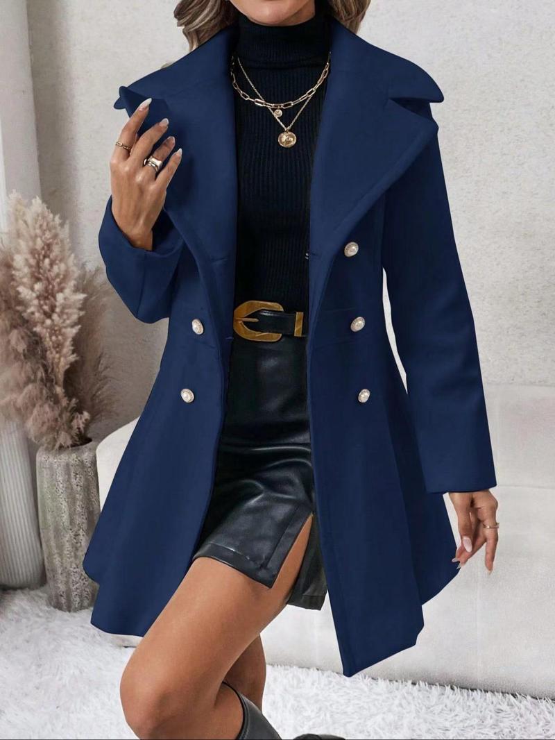 Product Introduction of Women's Solid Double Button Pocket Regular Sleeve Overcoat, Winter Wear, Casual Long Sleeve Lapel Neck Outerwear for Fall & Winter, Trendy Fall Wear 2024, Women's Party Clothes for Daily Wear， Woolen Material 8