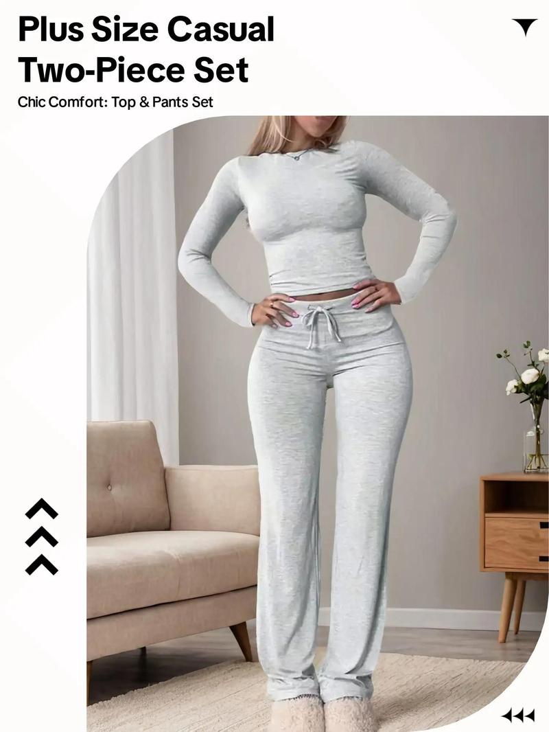 Product Introduction of 【Plus Size】 Two-piece Set Solid Round Neck Top & Drawstring Waist Pants, Casual Fashion Cozy Long Sleeve Top & Trousers for Daily Outdoor Wear Clothing, Pants Suit Sets for Women, Women's Outfits for All Seasons 1