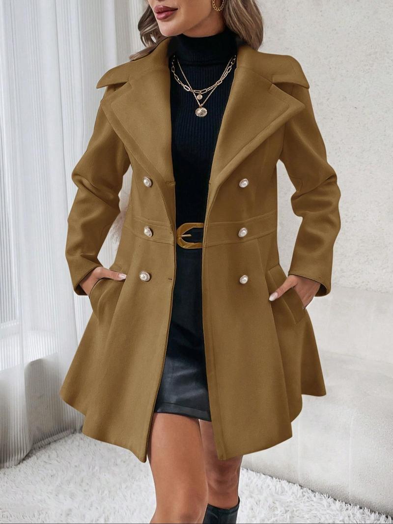 Product Introduction of Women's Solid Double Button Pocket Regular Sleeve Overcoat, Winter Wear, Casual Long Sleeve Lapel Neck Outerwear for Fall & Winter, Trendy Fall Wear 2024, Women's Party Clothes for Daily Wear， Woolen Material 11