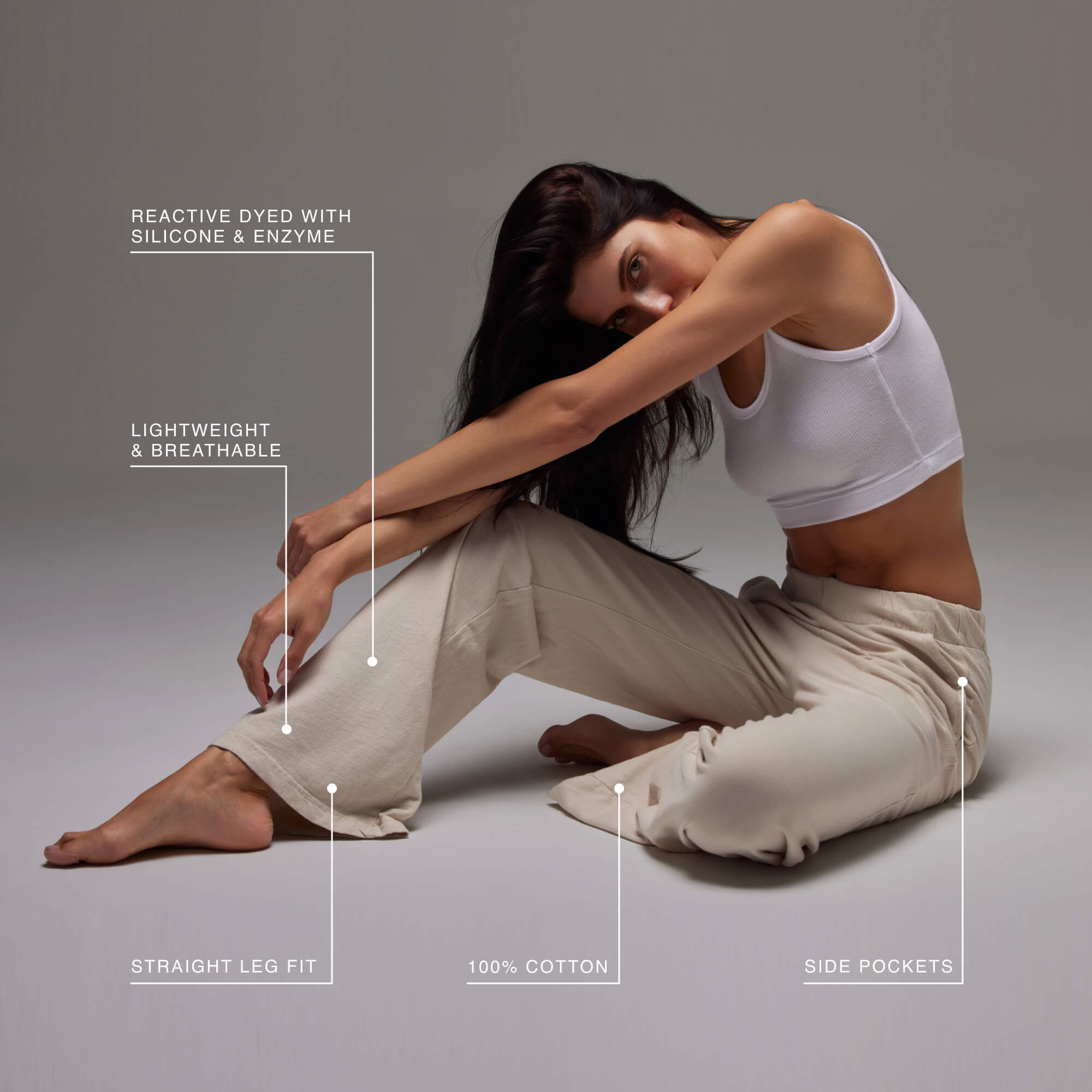 Model wearing the Womens Lounge Pant, showing the straight leg fit.