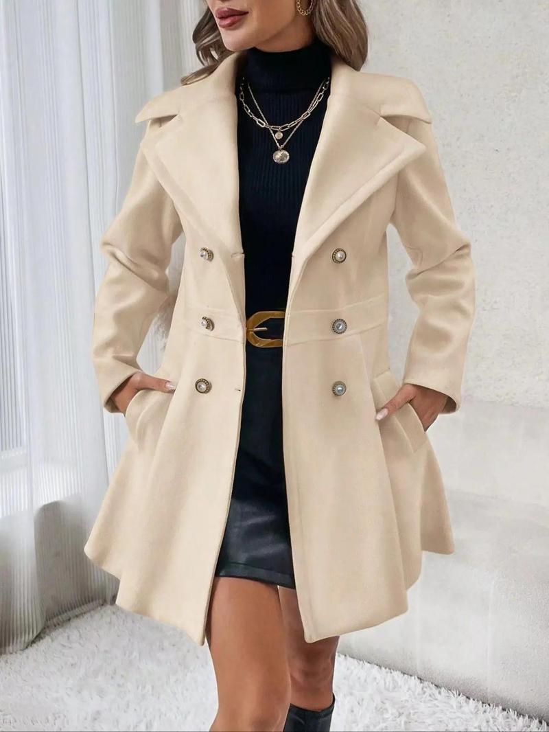 Product Introduction of Women's Solid Double Button Pocket Regular Sleeve Overcoat, Winter Wear, Casual Long Sleeve Lapel Neck Outerwear for Fall & Winter, Trendy Fall Wear 2024, Women's Party Clothes for Daily Wear， Woolen Material 6