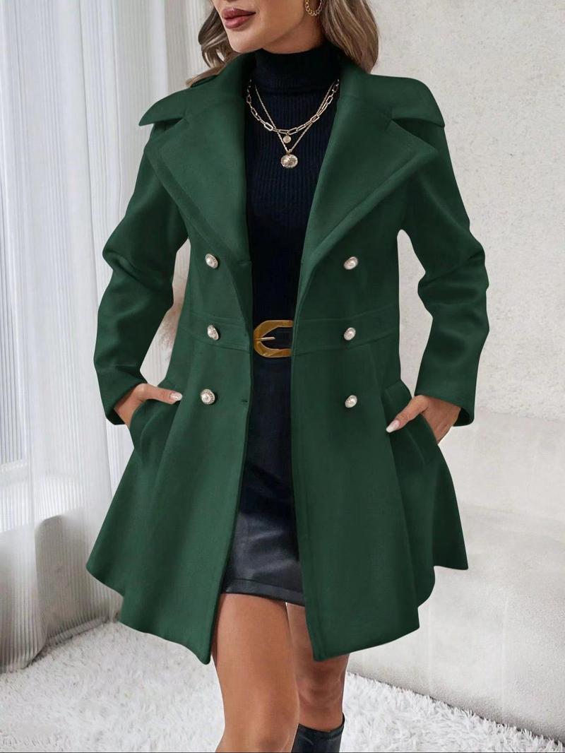 Product Introduction of Women's Solid Double Button Pocket Regular Sleeve Overcoat, Winter Wear, Casual Long Sleeve Lapel Neck Outerwear for Fall & Winter, Trendy Fall Wear 2024, Women's Party Clothes for Daily Wear， Woolen Material 7