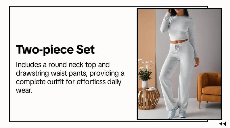 Product Introduction of 【Plus Size】 Two-piece Set Solid Round Neck Top & Drawstring Waist Pants, Casual Fashion Cozy Long Sleeve Top & Trousers for Daily Outdoor Wear Clothing, Pants Suit Sets for Women, Women's Outfits for All Seasons 3