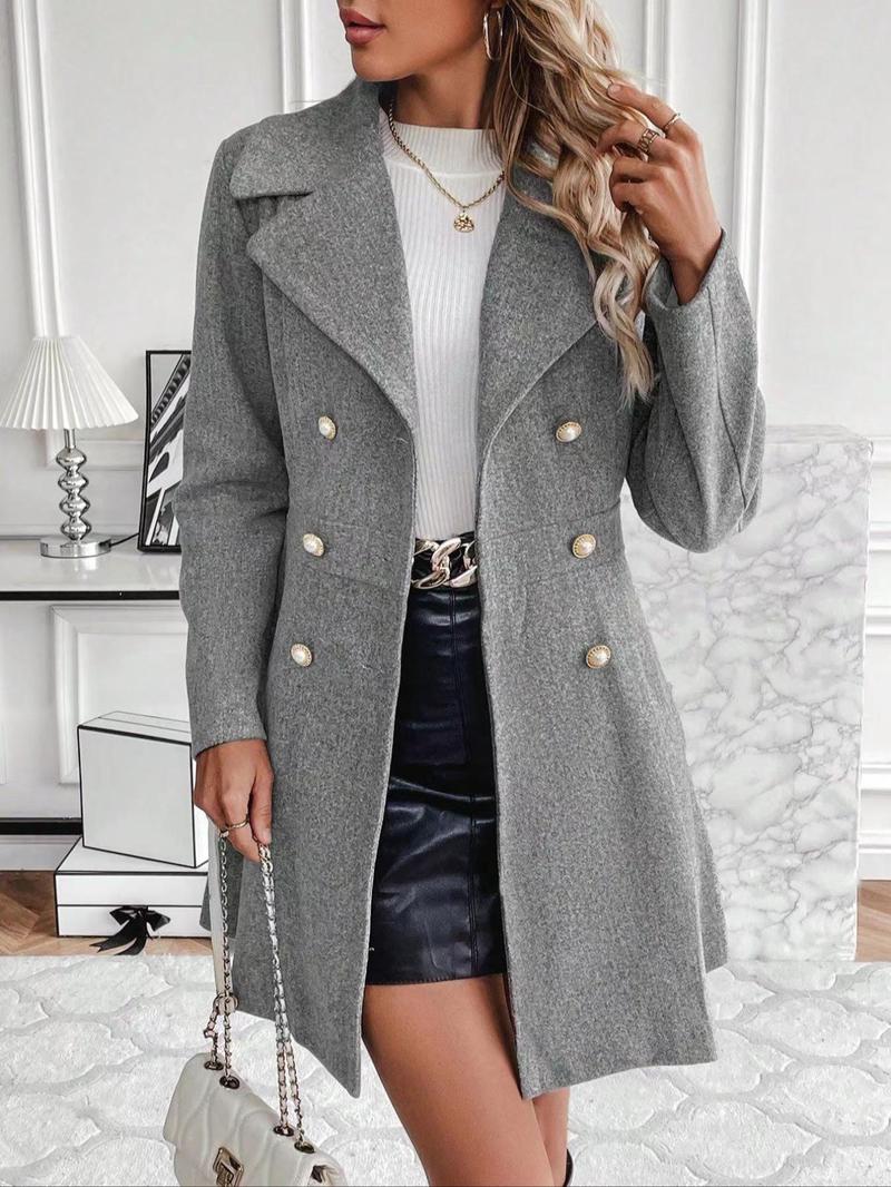 Product Introduction of Women's Solid Double Button Pocket Regular Sleeve Overcoat, Winter Wear, Casual Long Sleeve Lapel Neck Outerwear for Fall & Winter, Trendy Fall Wear 2024, Women's Party Clothes for Daily Wear， Woolen Material 9