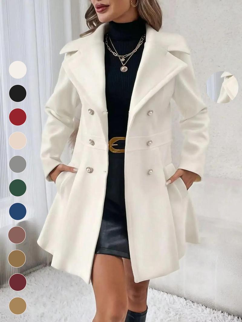 Product Introduction of Women's Solid Double Button Pocket Regular Sleeve Overcoat, Winter Wear, Casual Long Sleeve Lapel Neck Outerwear for Fall & Winter, Trendy Fall Wear 2024, Women's Party Clothes for Daily Wear， Woolen Material 3