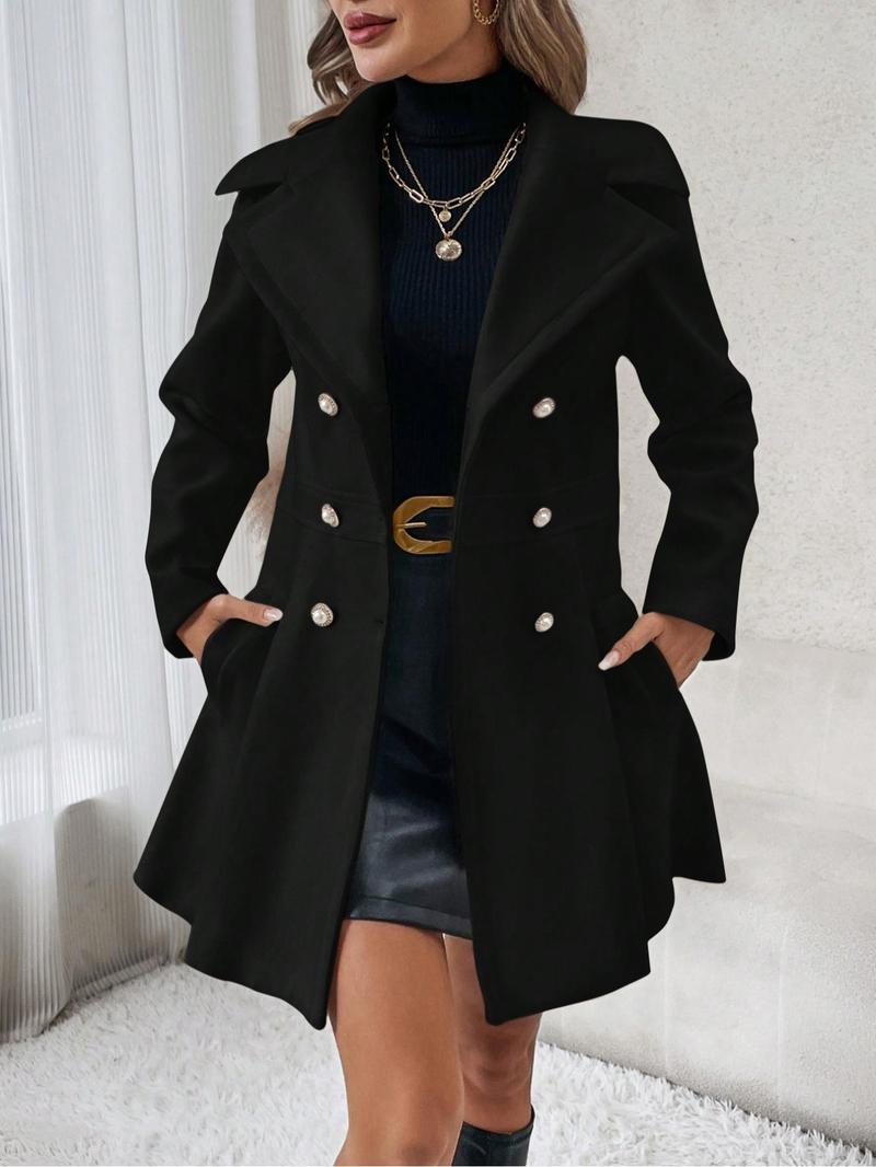 Product Introduction of Women's Solid Double Button Pocket Regular Sleeve Overcoat, Winter Wear, Casual Long Sleeve Lapel Neck Outerwear for Fall & Winter, Trendy Fall Wear 2024, Women's Party Clothes for Daily Wear， Woolen Material 4