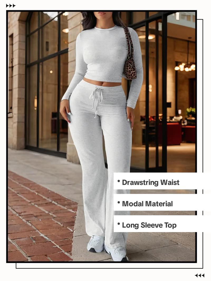 Product Introduction of 【Plus Size】 Two-piece Set Solid Round Neck Top & Drawstring Waist Pants, Casual Fashion Cozy Long Sleeve Top & Trousers for Daily Outdoor Wear Clothing, Pants Suit Sets for Women, Women's Outfits for All Seasons 2