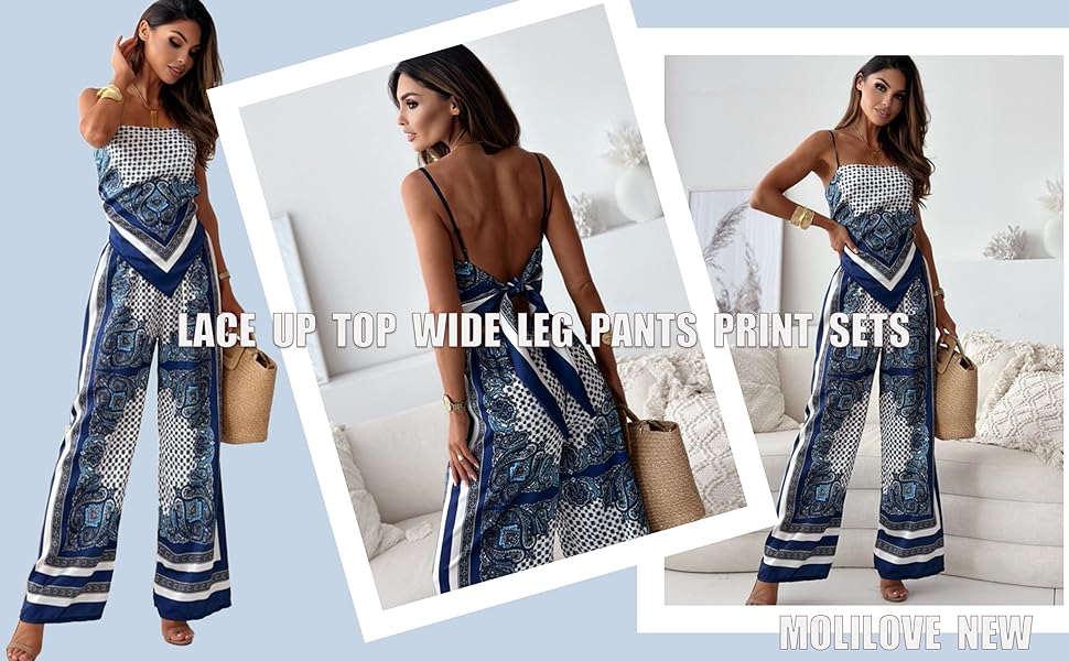 Womens print pants set sleevelss lace up top high waist wide leg pants set beach set