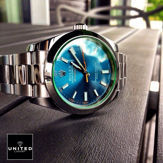 Rolex Milgauss 116400GV-0002 Oyster Bracelet Replica on the table